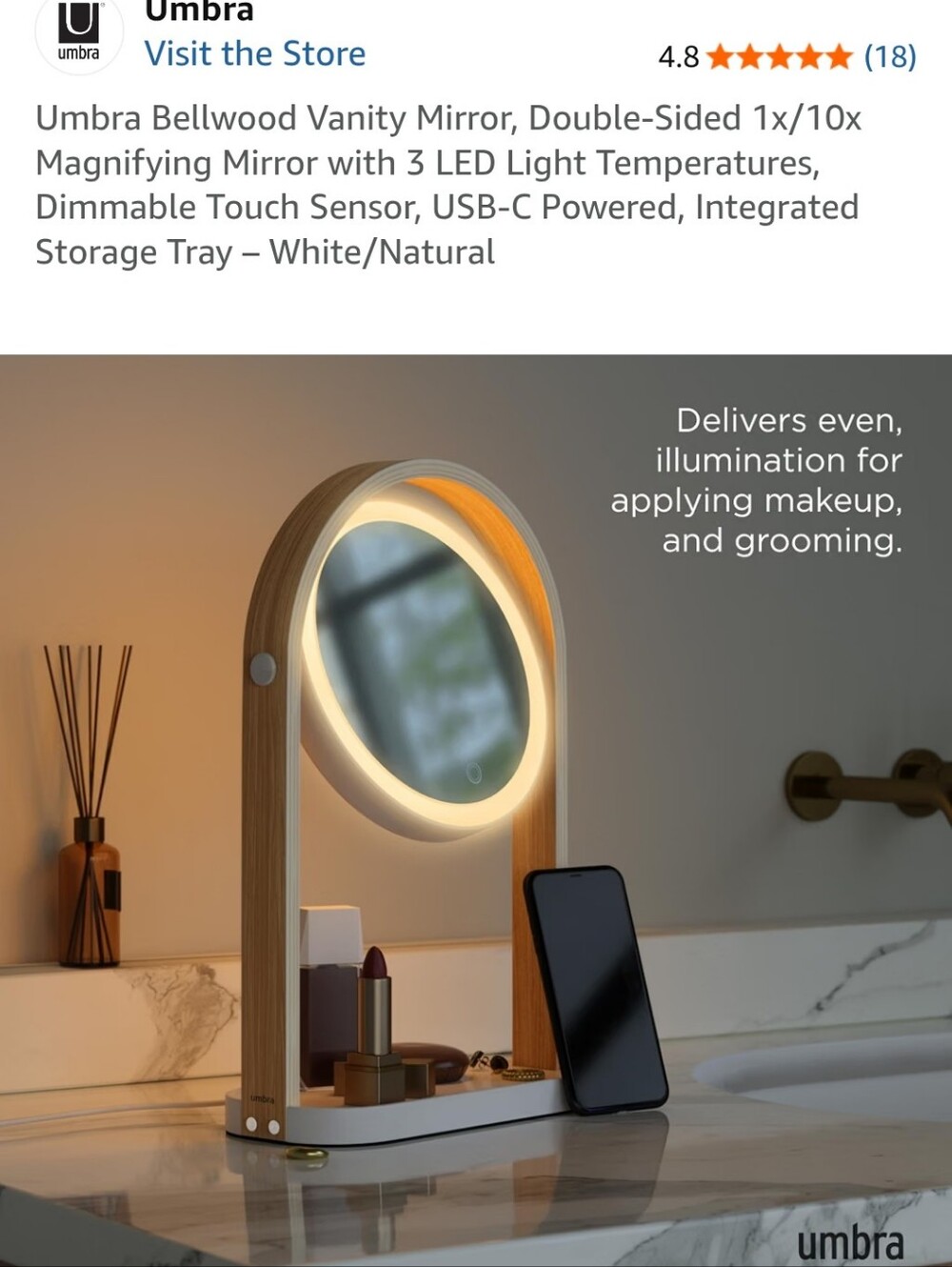 Umbra LED Vanity Mirror in Natural Wood and White with Warm Light